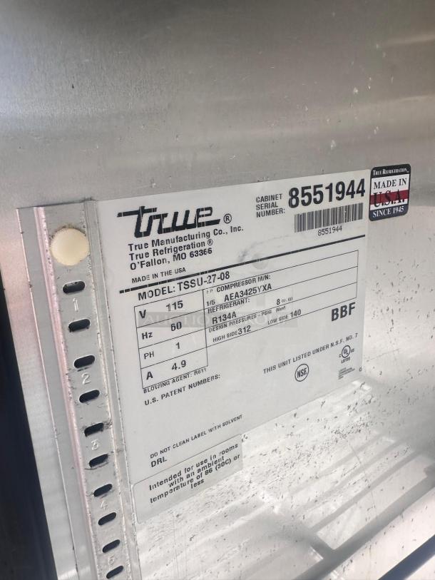 Excellent Condition – True TSSU-27-08 – Sandwich Prep Table – 115V – Fully Tested & Working! - Image 8 of 8