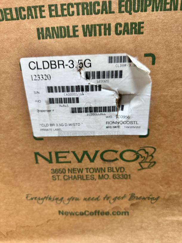 Brand New Newco CLDBR-3.5G Cold Brew Brewer, 3.5 Gallon, in original packaging. Model 123320, includes dispenser/stand.