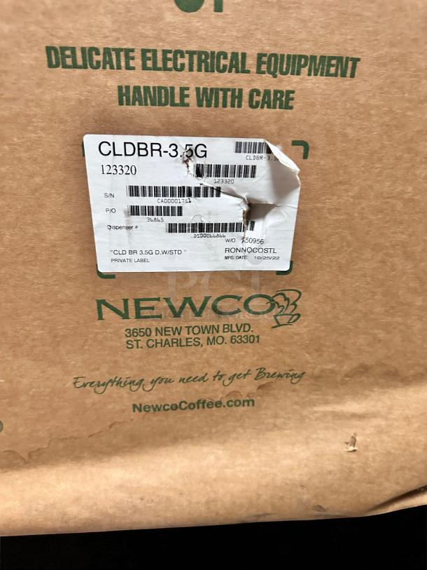 Box for Newco Coffee CLDBR-3.5G Cold Brew Brewer, 3.5 Gallon. Includes serial/part numbers and handling instructions. Brand new.