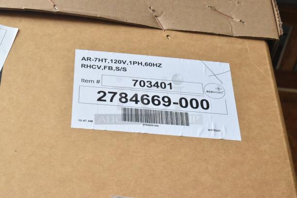 BRAND NEW 2025 Alto Shaam AR-7HT Stainless Steel Heated Cabinet. 1/2 height, 8 pan capacity, 120V, 1 phase. Box label shown.