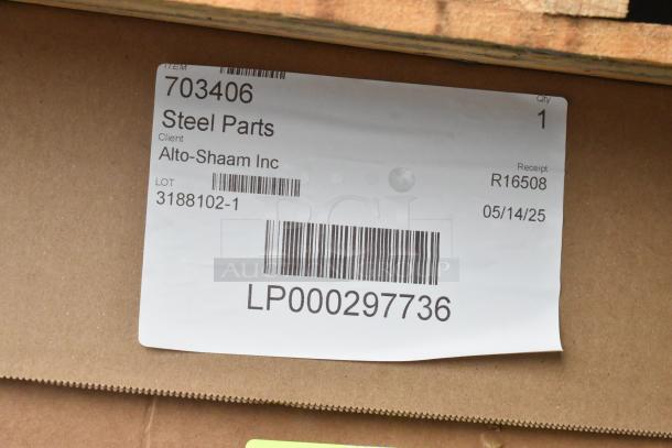 Label on box for Alto-Shaam Inc. Steel Parts, Item 703406, Lot 3188102-1 with barcode and date 05/14/25 visible.