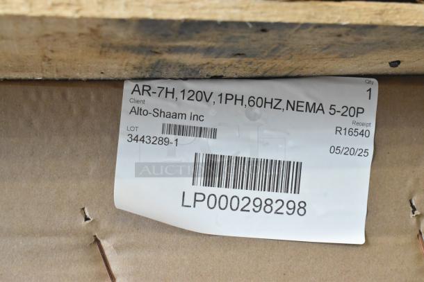 Brand new Alto Shaam AR-7H stainless steel commercial heated cabinet, 8-pan capacity, 120V, 1 phase. Box label shown.