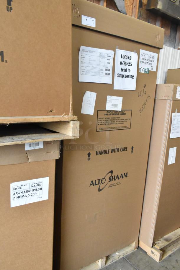 Alto Shaam 1750-SK stainless steel smoker oven in box. New condition. Features Halo Heat, Cook & Hold function. 230V, 1 phase.