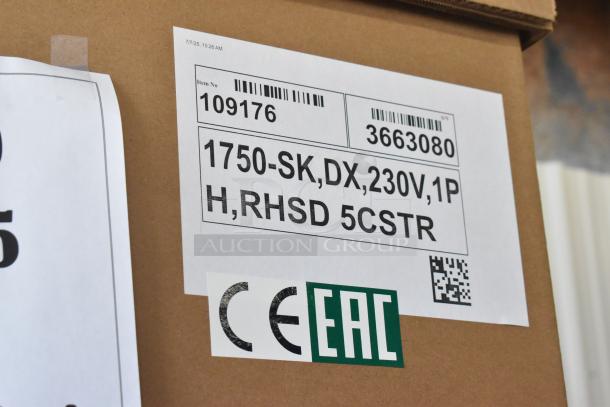 Box label for 2025 Alto Shaam 1750-SK stainless steel commercial smoker oven, 230V, 1 phase, with CE and EAC marks.