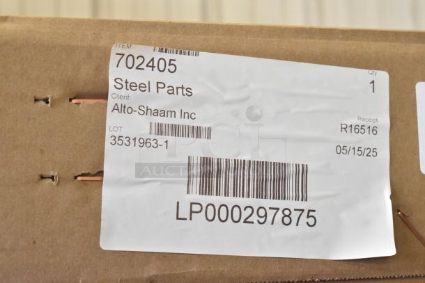 Brand new Alto Shaam AR-7EVH rotisserie oven, stainless steel, electric, 7 spits, 240V, 1 phase. Box label shown.