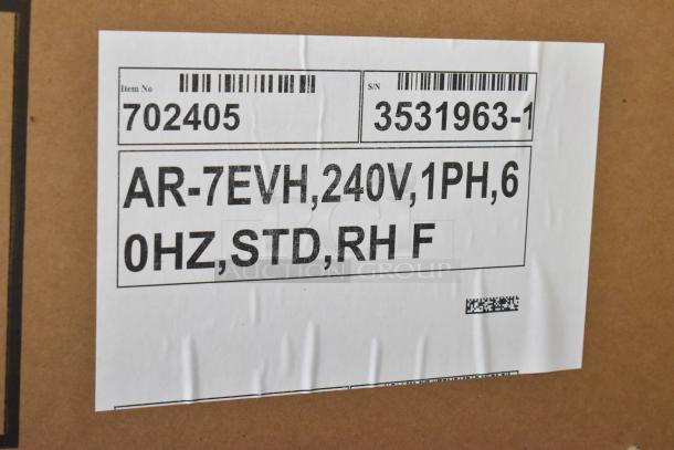 Brand new Alto Shaam AR-7EVH commercial electric rotisserie oven box. Label shows 240V, 1 phase, 60Hz specifications.