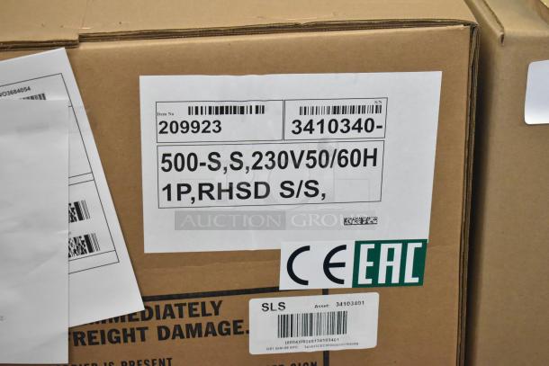 Brand new Alto Shaam 500-S stainless steel mobile holding cabinet in box. Features 6 pan capacity, 230V, 1 phase.