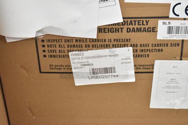 Brand new Alto Shaam 500-S stainless steel commercial holding cabinet, in box, 230V, 1 phase, visible shipping labels.