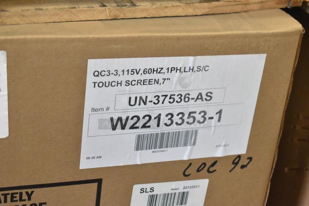 Brand new Alto Shaam QC3-3 stainless steel commercial quickchiller in box. Features single door, 7" touchscreen, 115V, 1 phase.