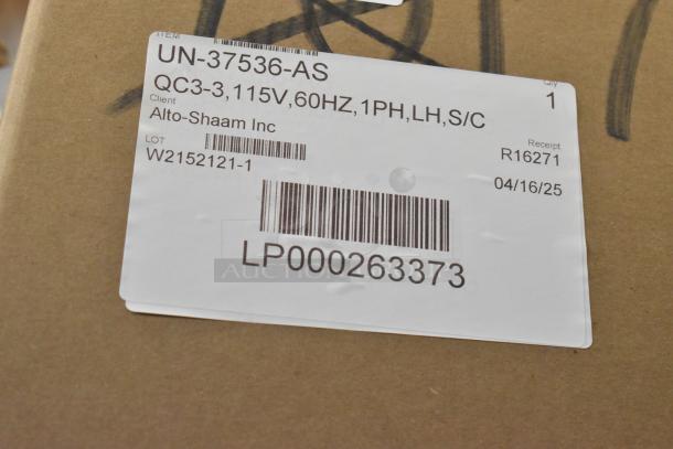 Alto Shaam QC3-3 Quickchiller box label. New, 115V, 1 Phase, LH, S/C. Includes model, lot, and receipt info.