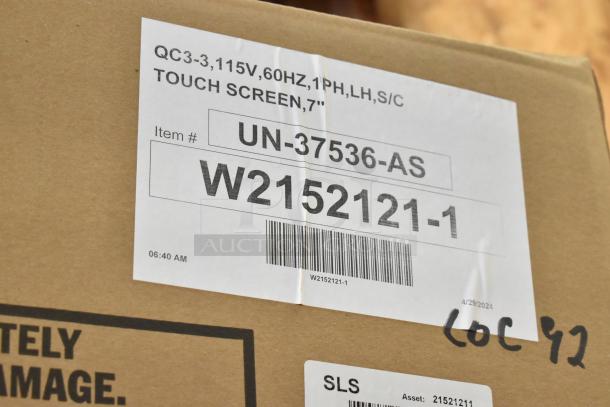 2025 Alto Shaam QC3-3 Quickchiller box label shows model, power specs, and 7" touch screen detail. Brand new condition.