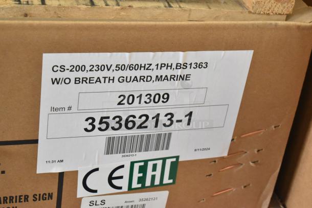 Box with Alto Shaam CS-200 carving station label, 230V, 1 Ph, new in box, item number 3536213-1, CE and EAC certified.