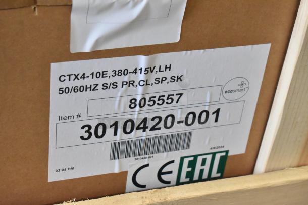 Brand new Alto Shaam CTX4-10E stainless steel combi oven in box, boilerless, 380-415V, 3 phase, item #3010420-001 label.