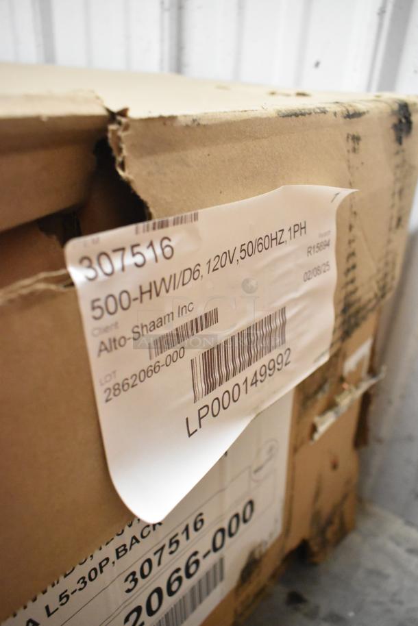 Brand new 2025 Alto Shaam 500-HWI/D6 hot food well, in box. Stainless steel, 5 pan, 208/240V, 1 phase. Box label visible.