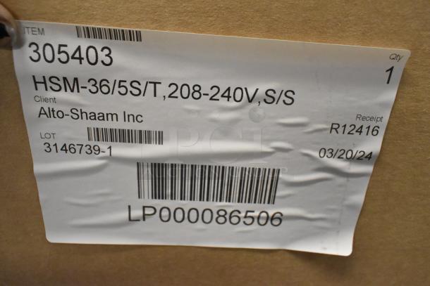 Brand new Alto Shaam HSM-36/5S/T stainless steel hot food merchandiser. Label shows 208-240V, 1 phase power specs.