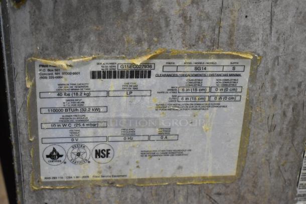 Pitco Frialator SG14 fryer label, showing 110,000 BTU, propane gas, 40 lb capacity. NSF certified, serial G15EC027936.