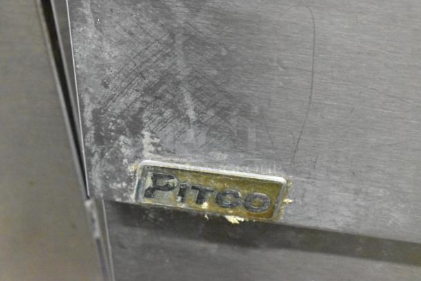 Pitco Frialator SG14 commercial fryer, stainless steel, propane gas, 110,000 BTU, visible Pitco badge, worn condition.