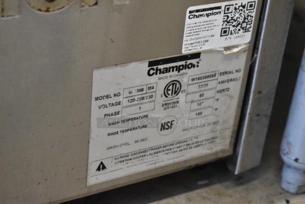 Champion UIH30B stainless steel commercial undercounter dishwasher label showing model, voltage, and certification details.