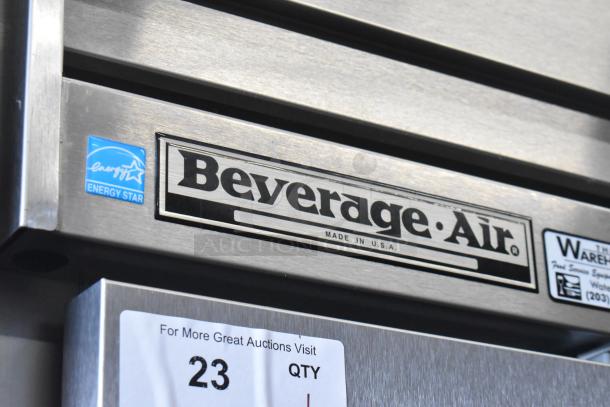 Beverage Air ER24-1AS stainless steel single door cooler, Energy Star label, made in USA, auction tag visible.