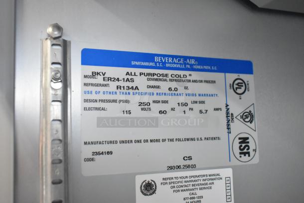 Beverage Air ER24-1AS stainless steel cooler with poly-coated racks and commercial casters, model label shown.