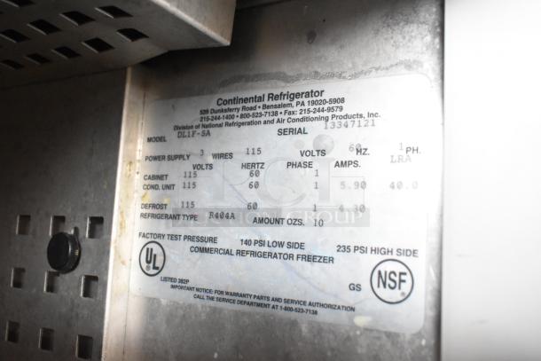 Continental DL1F-SA single door freezer label showing model, 115V, 1 phase, R404A refrigerant, and NSF certification.