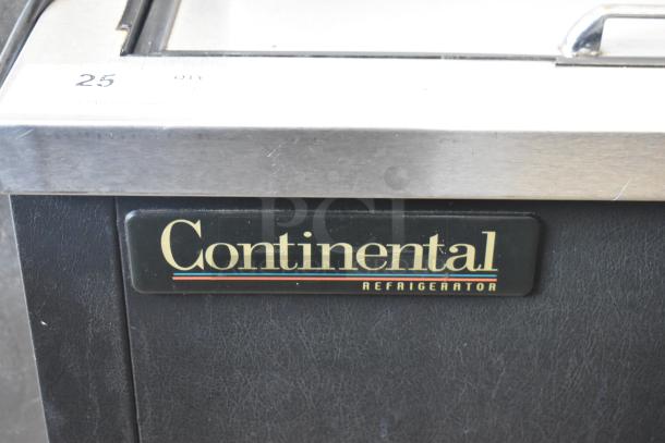 Continental CBC50 stainless steel back bar bottle cooler, 2 sliding lids, 115V, 1 Phase, with branding visible on cooler.