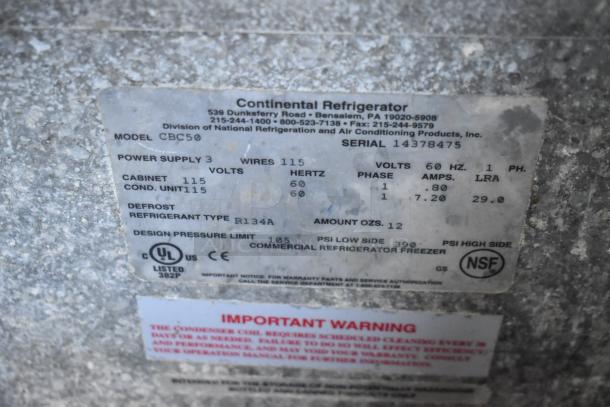 Continental CBC50 Stainless Steel Back Bar Cooler, 2 Sliding Lids, 115V, 1 Phase. Label shows model, specs, and refrigerant type R134A.