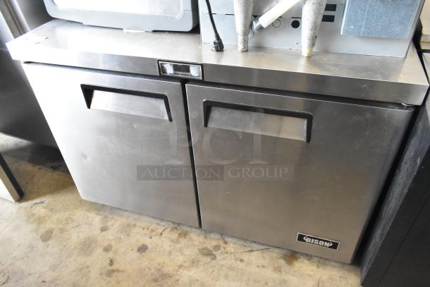 2019 Bison BUR-48 stainless steel 2 door undercounter cooler, 115 volts, 1 phase, commercial use, visible Bison logo.