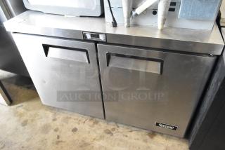 2019 Bison BUR-48 stainless steel 2 door undercounter cooler, 115 volts, 1 phase, commercial use, visible Bison logo.