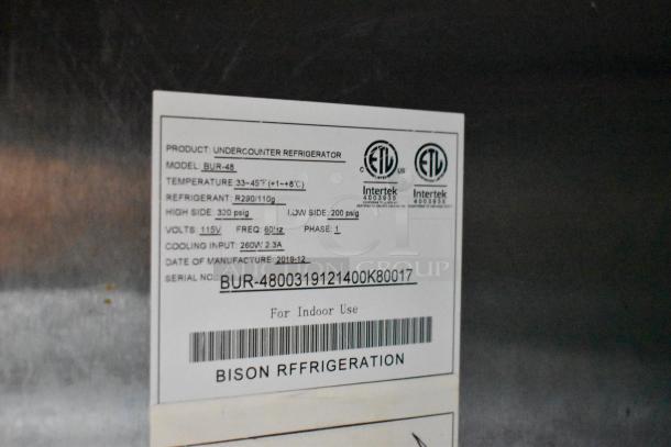 2019 Bison BUR-48 stainless steel 2-door undercounter cooler. 115V, 1 phase. Features label with serial no. and specs.