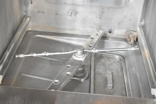 Champion UH230B-70 stainless steel undercounter dishwasher interior, showing spray arms and filters. Requires 120-208/230V, 1-phase.