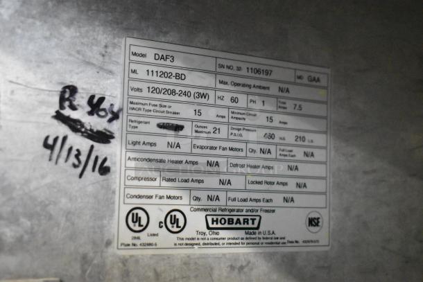 Hobart DAF3 commercial freezer spec label, 120/208-240V, 1 phase, model info: ML 111202-BD, max fuse 15A, refrigerant type marked.