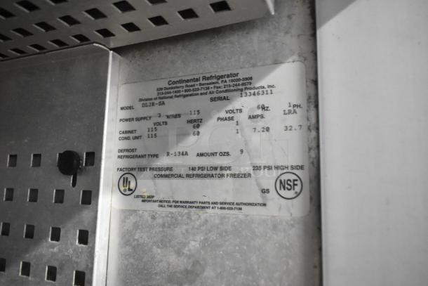 Continental DL2R-SA stainless steel commercial cooler label, showing model, voltage, refrigerant type, and certifications.