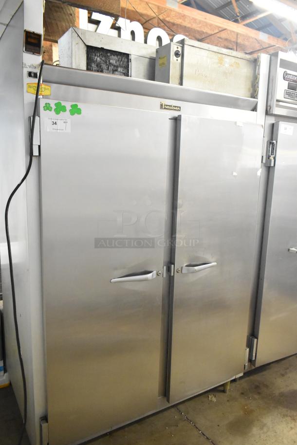 Traulsen G20010 Stainless Steel 2 Door Reach-In Cooler with poly-coated racks, 115V, 1 phase; commercial use.