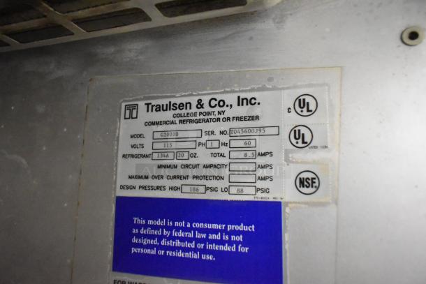 Traulsen G20010 commercial 2-door cooler label, showing 115 volts, UL and NSF certifications, and refrigerant details.