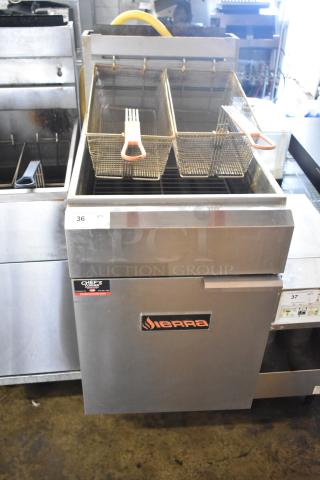 Sierra SRF-75/80-LP Stainless Steel Commercial Floor Style Propane Gas Powered 80 Pound Capacity Deep Fat Fryer w/ 2 Metal Baskets. 150,000 BTU. - Item #1218349