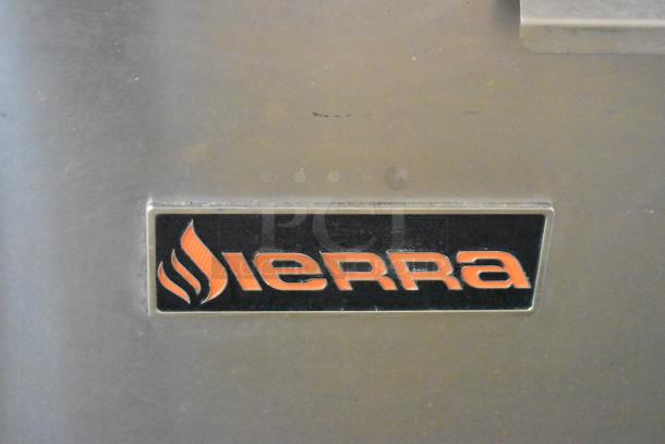 Sierra SRF-75/80-LP fryer badge on stainless steel surface, showcasing brand logo.