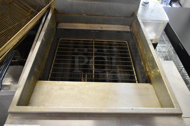 Sierra SRF-75/80-LP stainless steel propane fryer with 80 lb capacity, shows interior with heating elements, used condition.