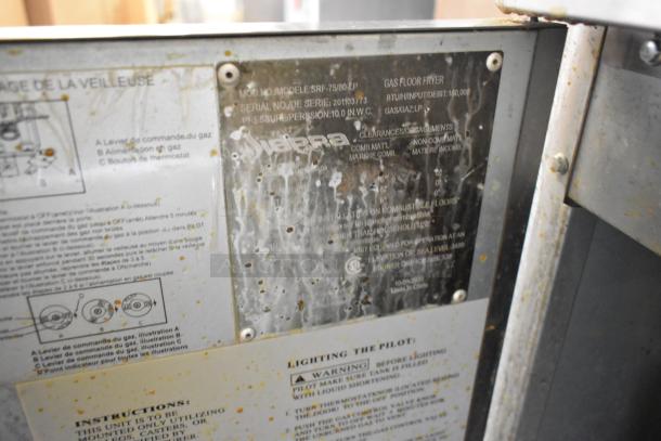 Sierra SRF-75/80-LP stainless steel commercial propane fryer, 80 lb capacity, 150,000 BTU, label visible with specs.