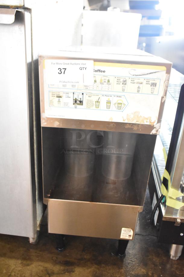 Bunn ICDD-3 stainless steel reservoir stand with dual containers, visible wear, instruction label, and auction tag "37".