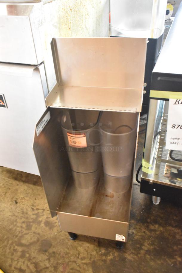 Bunn ICDD-3 stainless steel reservoir stand with visible label, dual cup holder, and wheels. Appears in good condition.