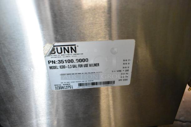 Bunn ICDD-3 stainless steel reservoir stand, PN: 35100.9000, for use with liner; clean label, Springfield, Illinois, USA.