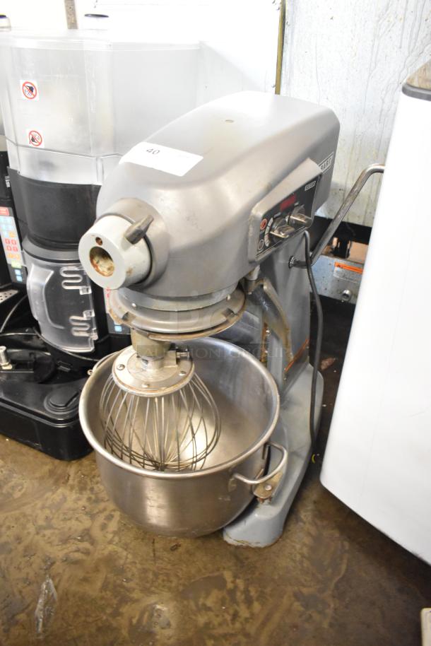 Hobart Legacy HL200 20 Qt. metal dough mixer with bowl and whisk, commercial countertop model, visible wear, 100-120V, 1 Phase.