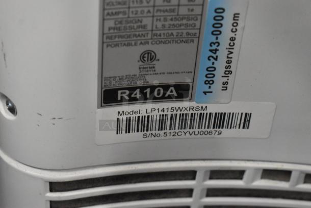 LG LP1415WXRSM Portable Air Conditioner, 14,000 BTU, 115 Volts. Model and serial numbers visible.