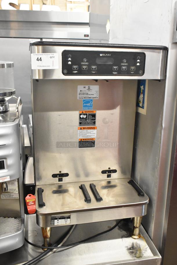 2020 Bunn ICB TWIN SH commercial double coffee machine, stainless steel, hot water dispenser, visible control panel and warning labels.