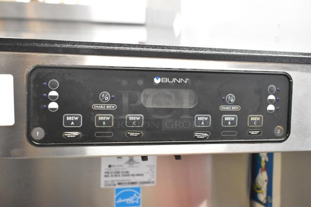 2020 Bunn ICB TWIN SH stainless steel double coffee machine with hot water dispenser, control panel view.