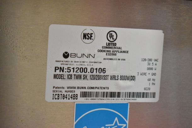 Label for Bunn ICB TWIN SH stainless steel commercial coffee machine, showing model, serial number, and electrical specifications.