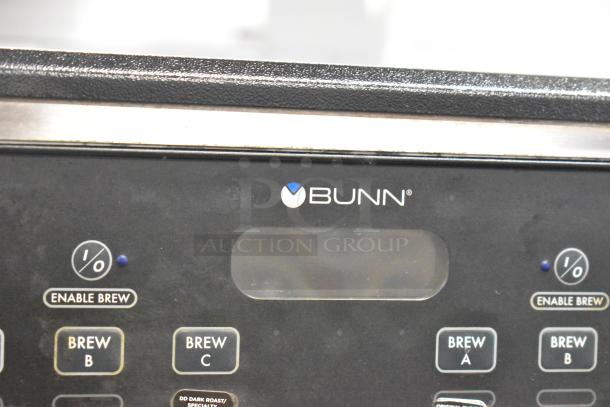 2020 Bunn ICB TWIN SH stainless steel commercial coffee machine control panel with Bunn logo and brew settings.