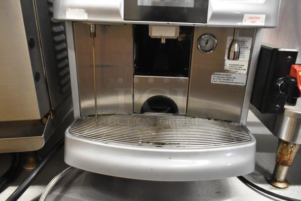 Schaerer Coffee Art Plus commercial espresso machine, metal finish, countertop model with hoppers. 120-208/240V, 1 Phase.