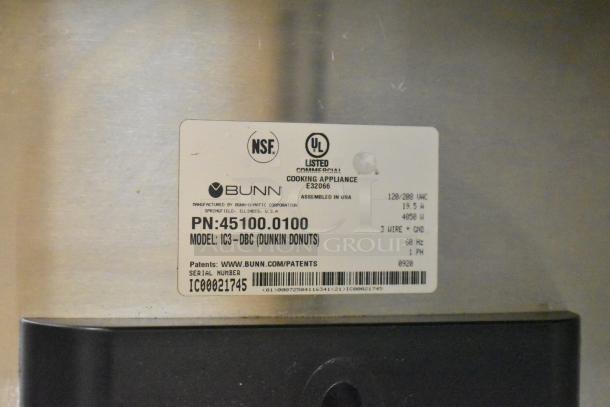 2020 Bunn IC3-DBC commercial iced tea machine label showing model, power specifications, and certifications.